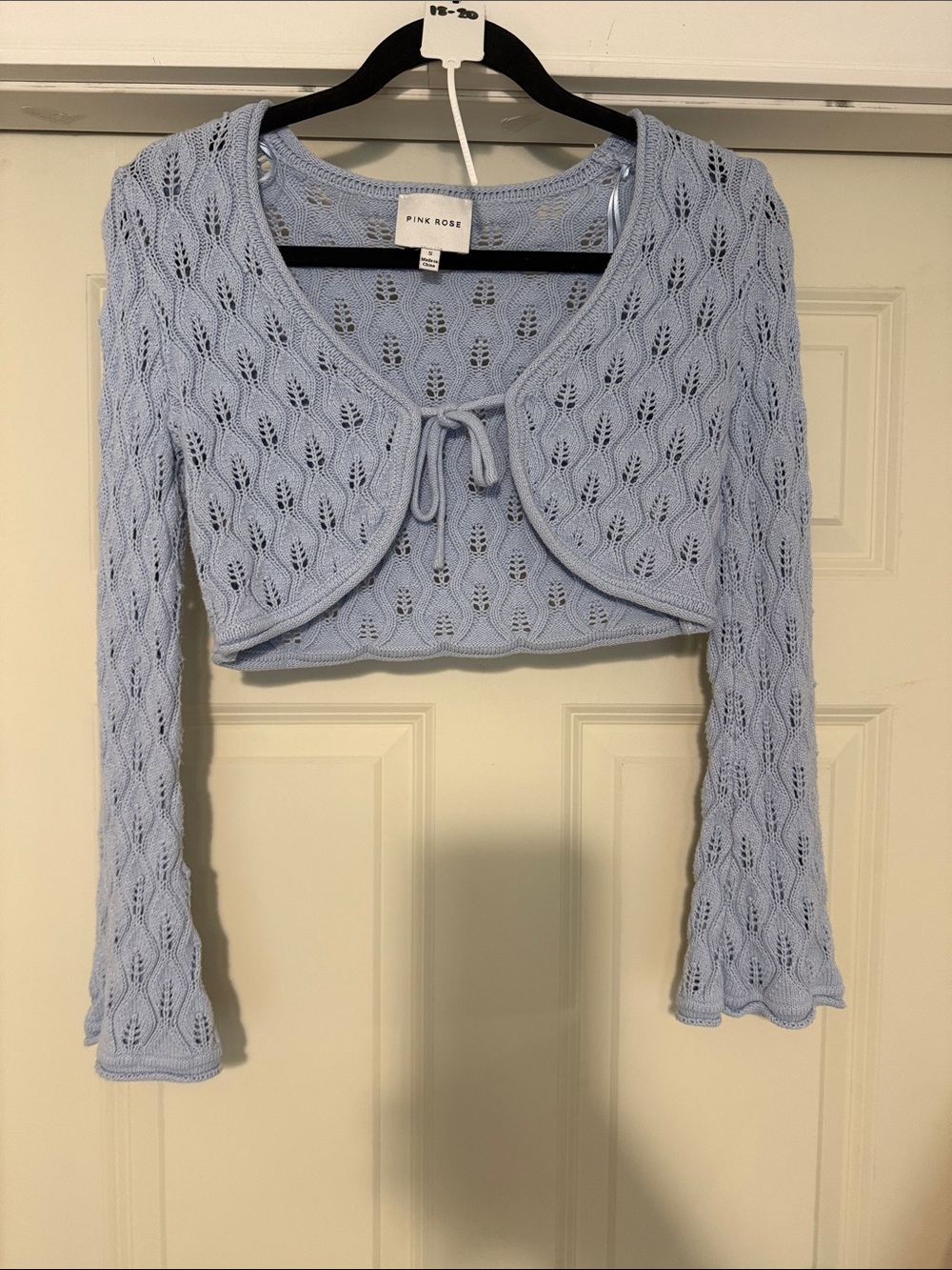 Pink Rose Pastel Blue Openwork Cropped Tie-Front Cardigan